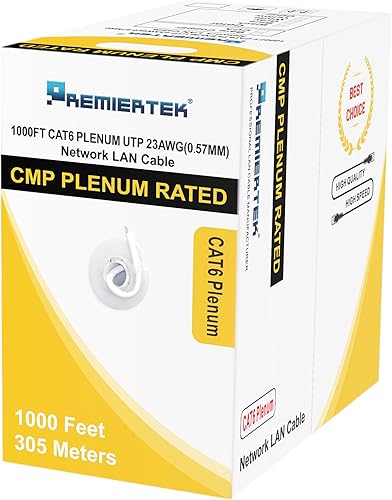 Premiertek 1000Ft Cat6 CMP Plenum 23AWG CCA UTP 4 pares de cable LAN de red premium 550MHz blanco