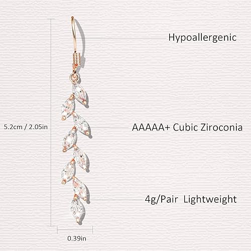 Miniatura 4 de Handmade Rose Gold Leaf Earrings Crystal Wedding Dangle Earrings for Brides Bridesmaid Gift for Women Teen Girls