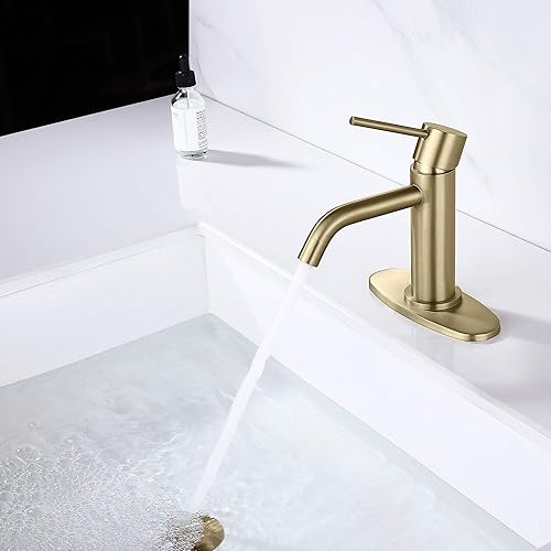 Miniatura 4 de Grifo de baño de oro cepillado con un solo agujero, grifo de lavabo de baño de una sola manija de latón con montaje de drenaje desplegable y placa
