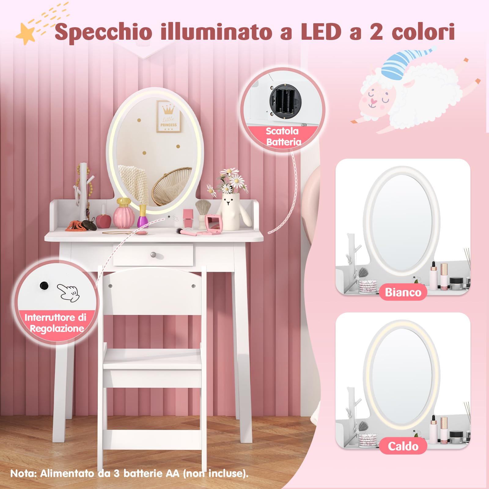 RELAX4LIFE Toeletta Trucco per Bambina con Luci LED, Specchiera Trucco con Sgabello, Toeletta in Legno, Specchio Rimovibile, per Bambini 3+ Anni (Bianco)