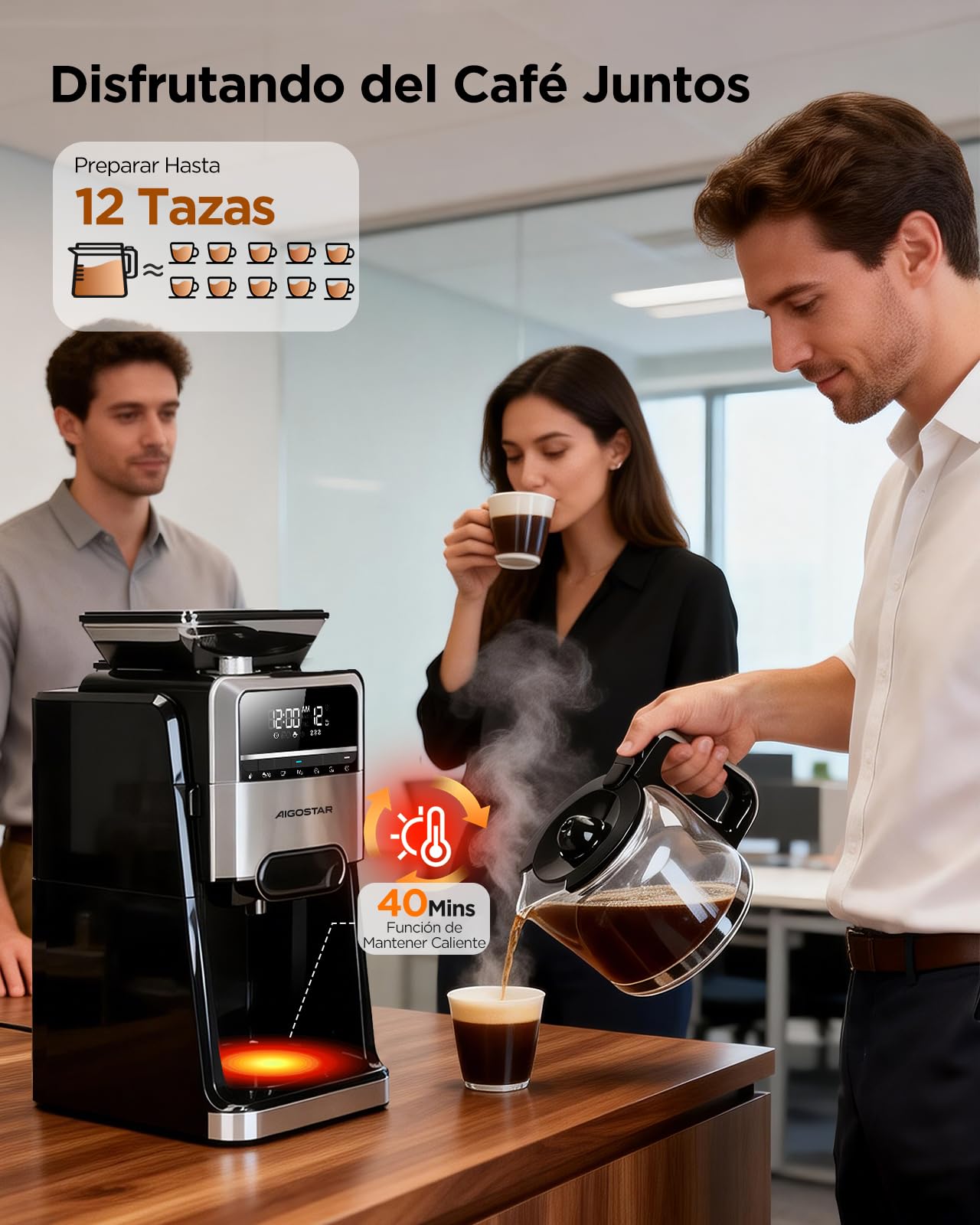 Aigostar Cafetera Goteo con Molinillo Incorporado, 7 Ajustes de Molienda | 1,5L (2-12 Tazas), 1400W Maquina de Cafe, 3 Concentraciones, Programable 24H con Mantenimiento de Calor, Negro