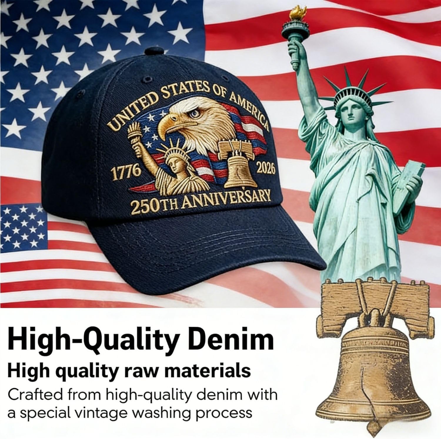 250th Anniversary USA Hat, Adjustable 250 Year American Anniversary Hat,Bald Eagle Embroidery Baseball Cap,Retro Embroidered Cap Black
