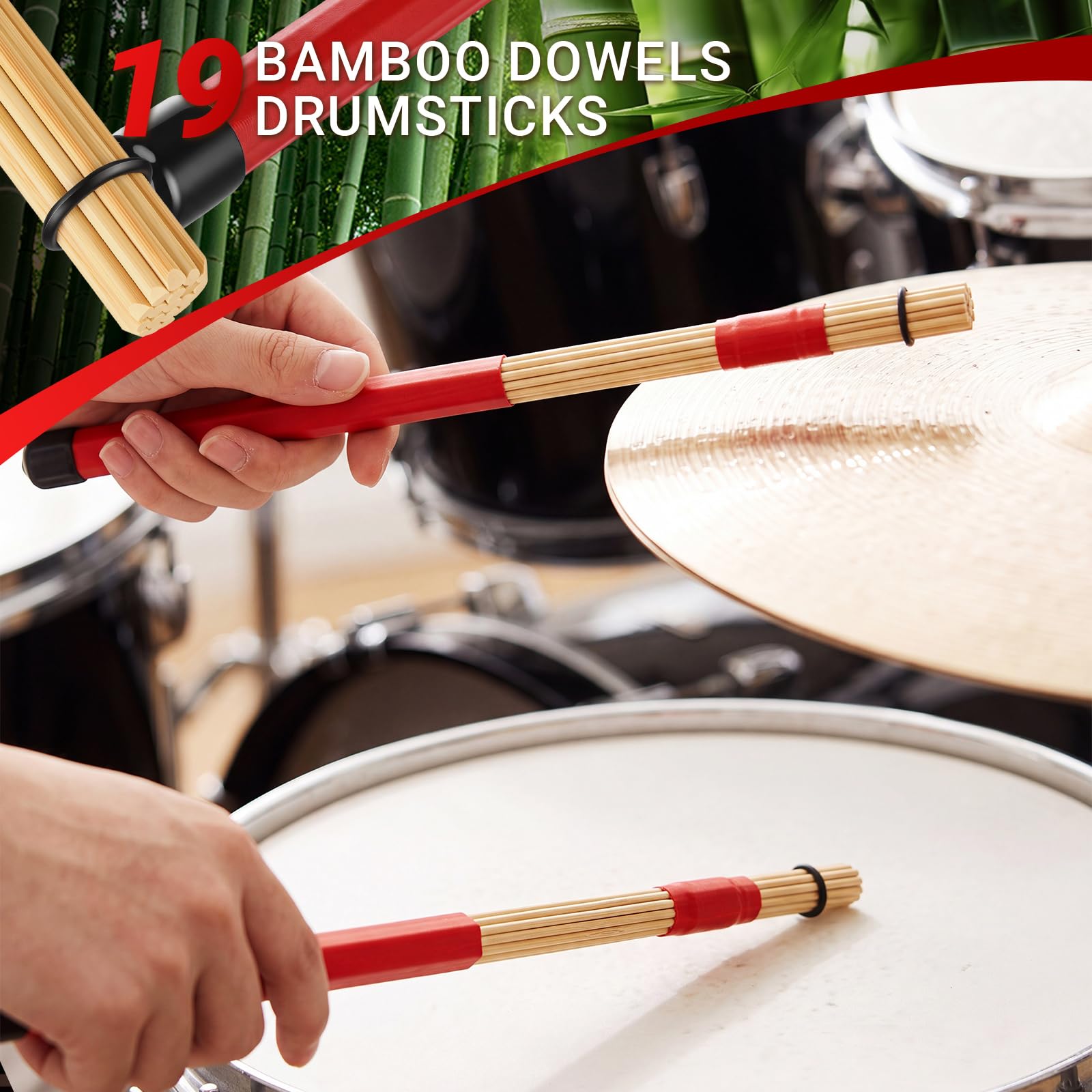 Konohan Lot de 6 paires de baguettes en bambou rouge | Rods Brosses de batterie, accessoire d'instrument de musique, performance folk jazz, débutant en musique