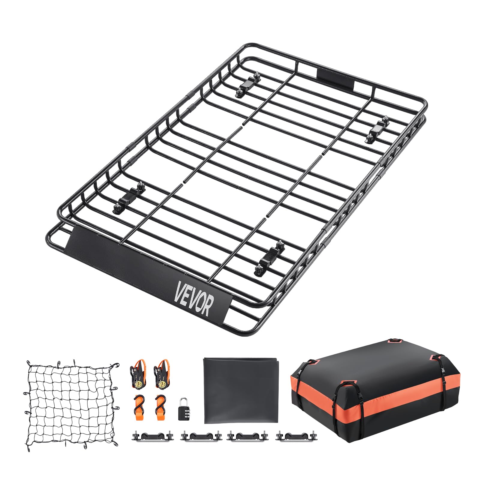 VEVOR Cesta para Portaequipajes de Techo 162,5x99x10,5 cm Soporte de Equipajes Universal con Bolsa de Carga 112x87x26 cm Correas de Trinquete Carga Máxima de 113,4 kg para SUV, Camión, Coche