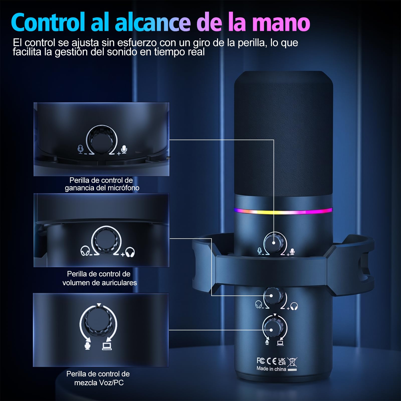 Micrófono para Juegos XLR/USB con Brazo Articulado, Micrófono Dinámico con Silenciamiento con un Solo Toque, Control de Ganancia, Micrófono RGB para Podcasts, Streaming, GrabacióN Y Voz