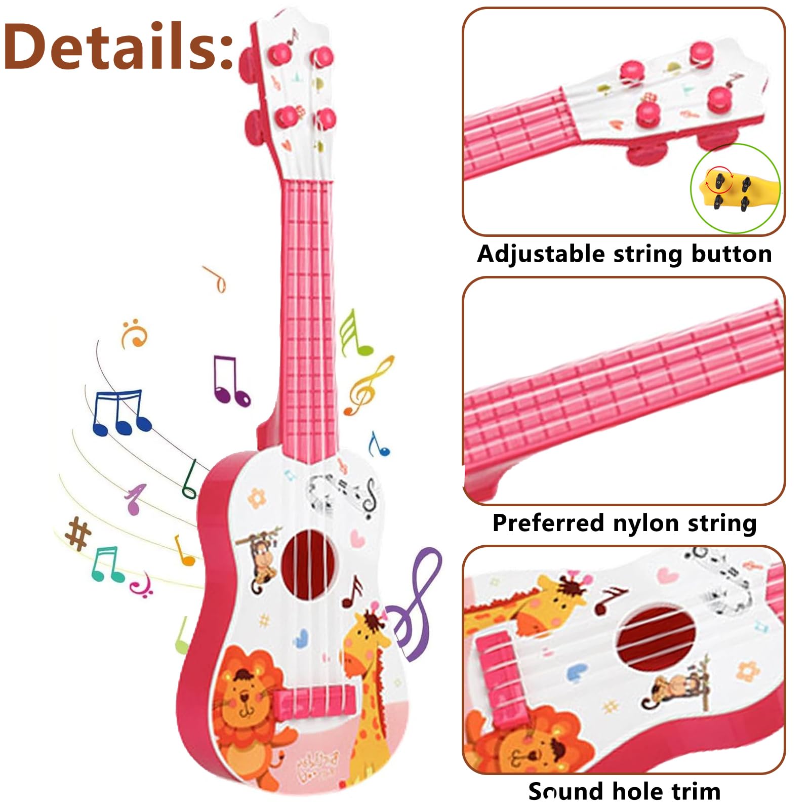 41CM Chitarra Giocattolo, Plastica Ukulele per Bambini, Mini Chitarra Bambini, Musica Giocattoli Educativi, Chitarra con 3 Corde Regolabili, per Principiante (Rosa)