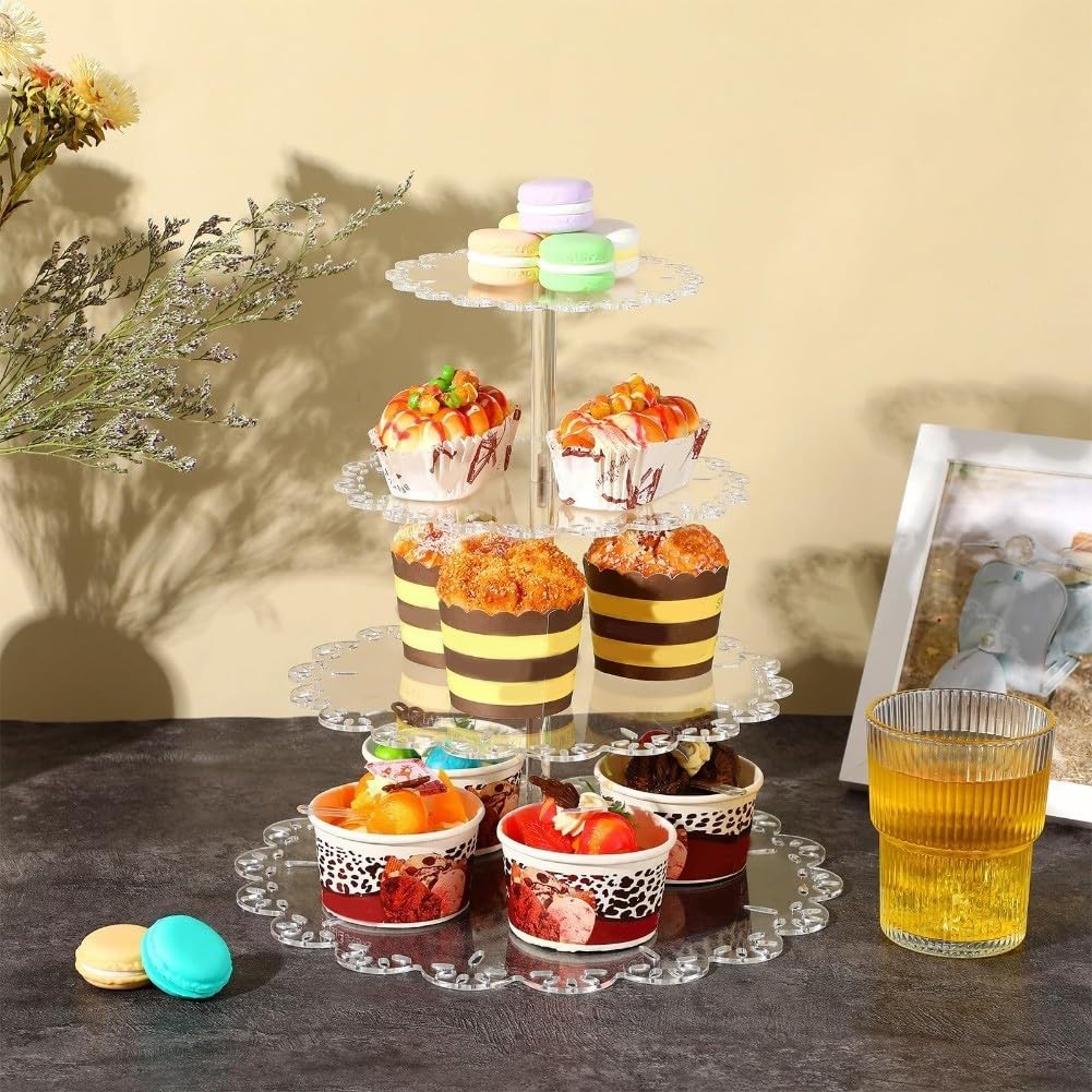 Soporte acrílico para cupcakes de 4 niveles con borde de encaje para bodas, soporte de exhibición transparente de torre de postre de 37 cm (4)
