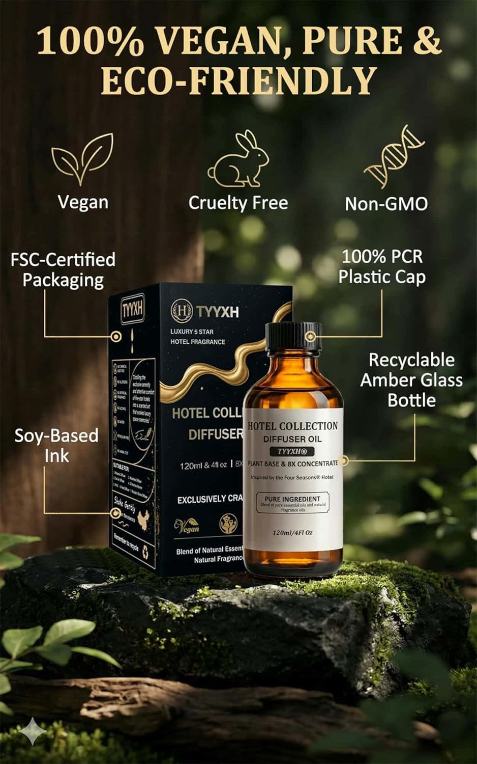 Hotel Diffuser Oil Inspired by Four Seasons Hotel – Fragrance & Essential Oil Blend for Waterless & Cold Air Diffusers – Citrus, Rose, Cedar – Long-Lasting Aroma – Aromatherapy – 4 Fl Oz Glass Bottle