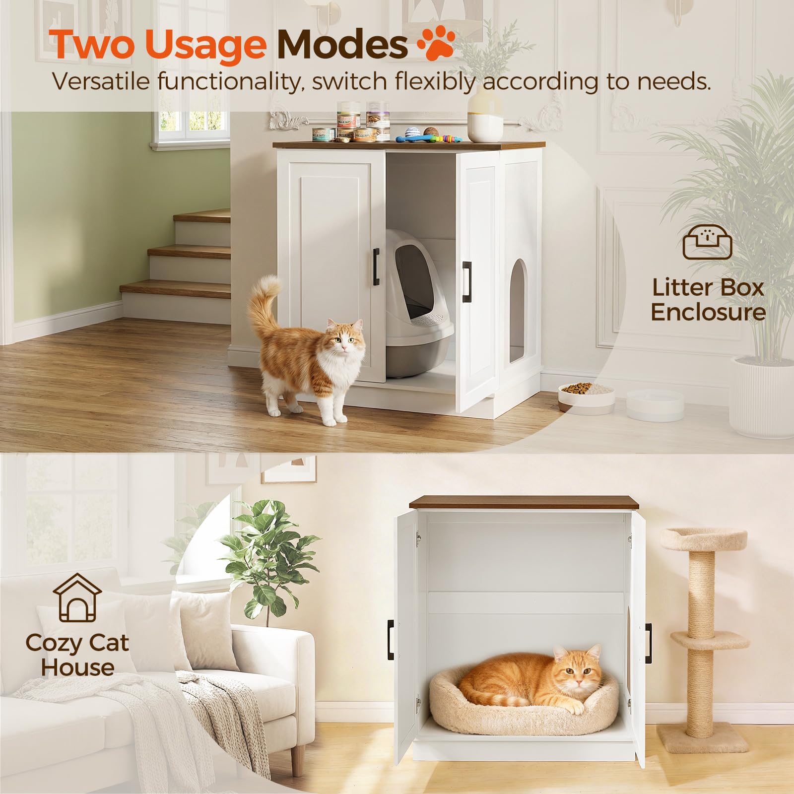 MAHANCRIS Large Cat Litter Box Enclosure, 33.5" Tall Hidden Litter Box Furniture for Self Cleaning Litter Box, Farmhouse Wooden Litter Box Cabinet, Cats House, Side Table, White and Walnut CWBZ3501 - image 5