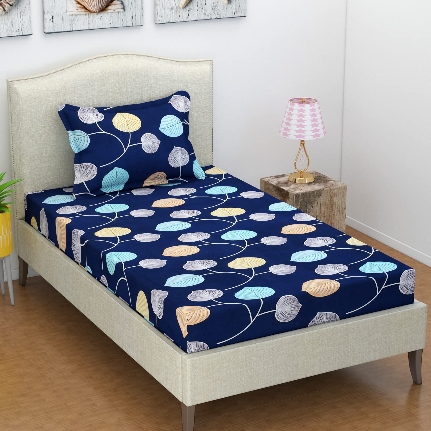 BSB HOME Premium Forever Modern Style Glace Cotton Floral Luxurious Beautiful Soft Comfort Designer Floral Pattern 1 Single Size Bed bedsheet and 1 Pillow Cover- Dark Blue & White Flower