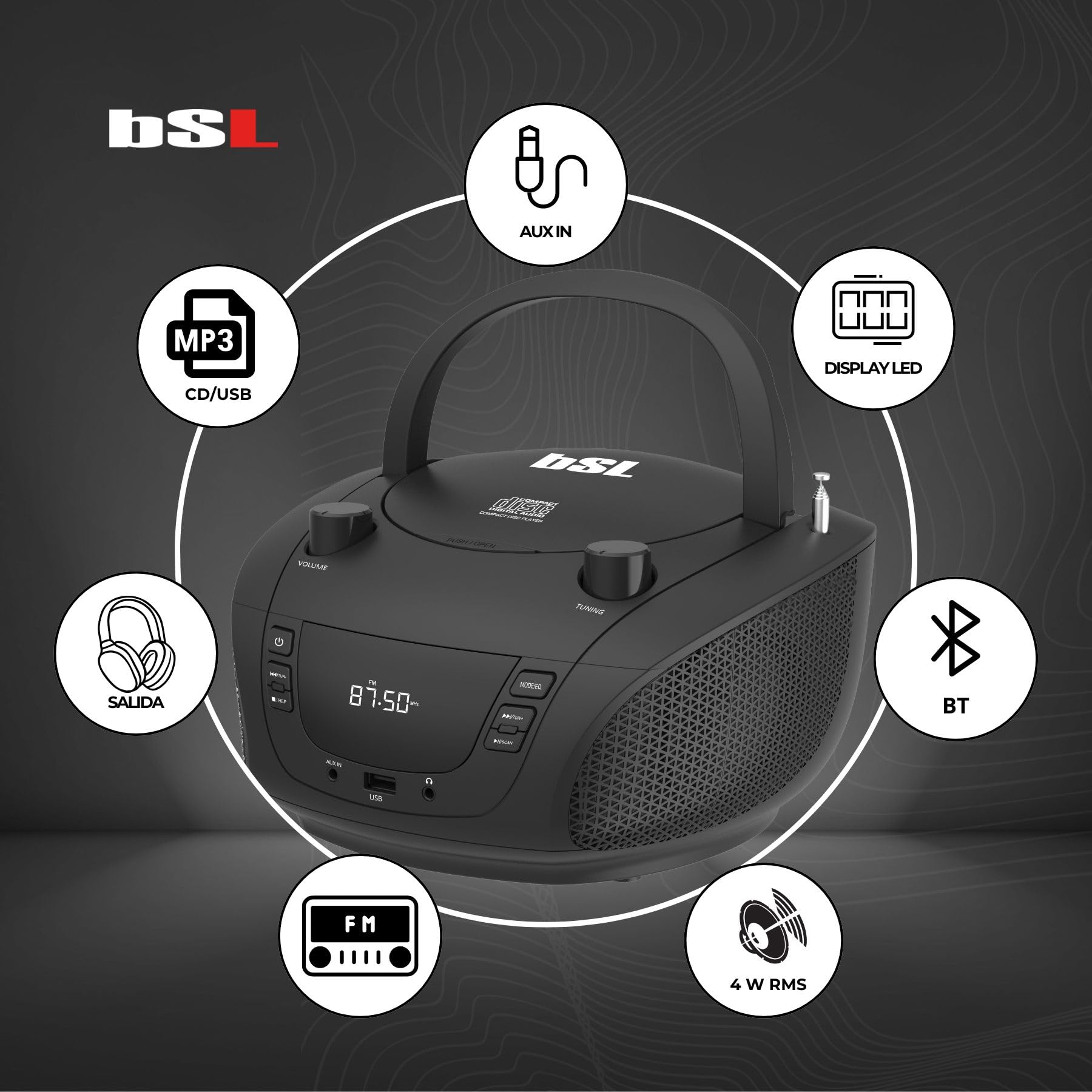 Boombox Tragbares CD-Radio mit Bluetooth BSL JL-2031A, mit 4 W RMS-Leistung, FM-Radio und USB-Anschluss, kompatibel mit MP3-Dateien, LCD-Display, AUX-Eingang und Kopfhörerausgang
