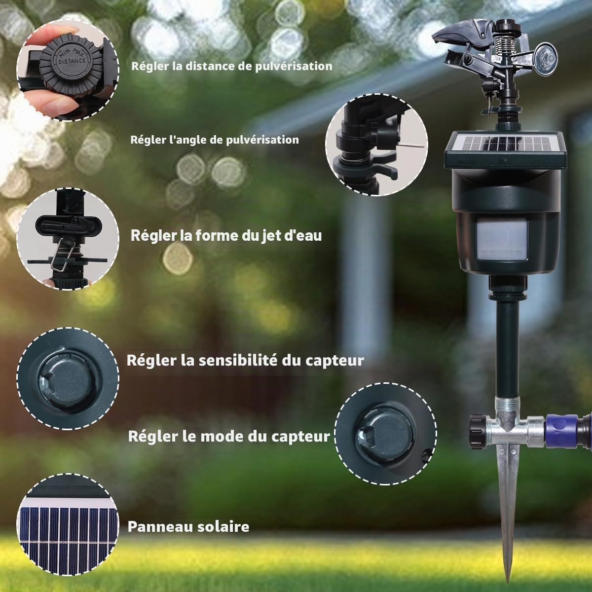 Arroseur activé par Le Mouvement avec Modes Jour et Nuit, Jet d'eau, répulsif pour Animaux avec Panneau Solaire, Jardin