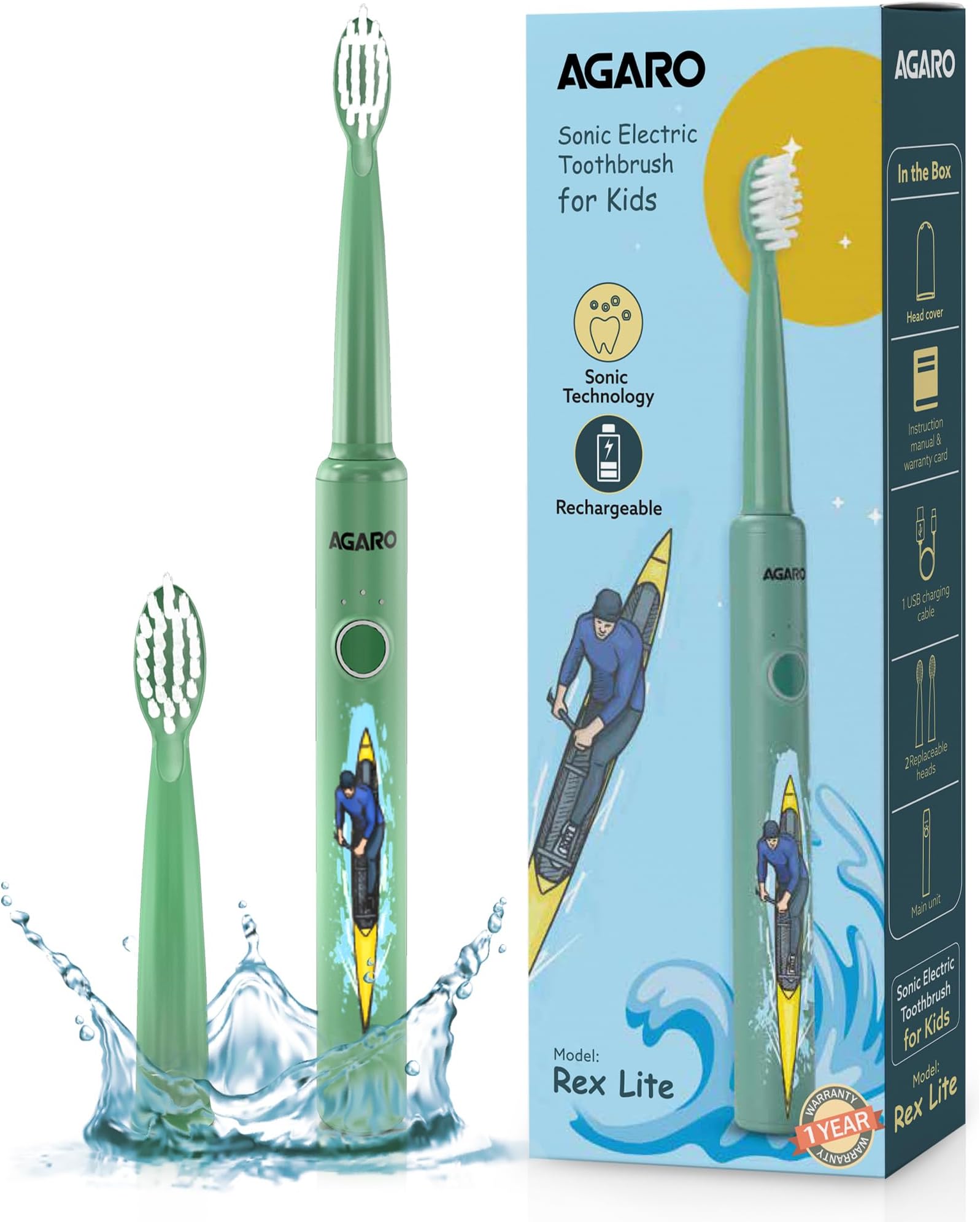 AGAROREX Lite Sonic Electric Kids Toothbrush with 3 Brushing Modes, 19000 Strokes per minute, Dupont Soft Nylon Bristles, Rechargeable Battery, Power Tooth Brush, Replaceable Heads