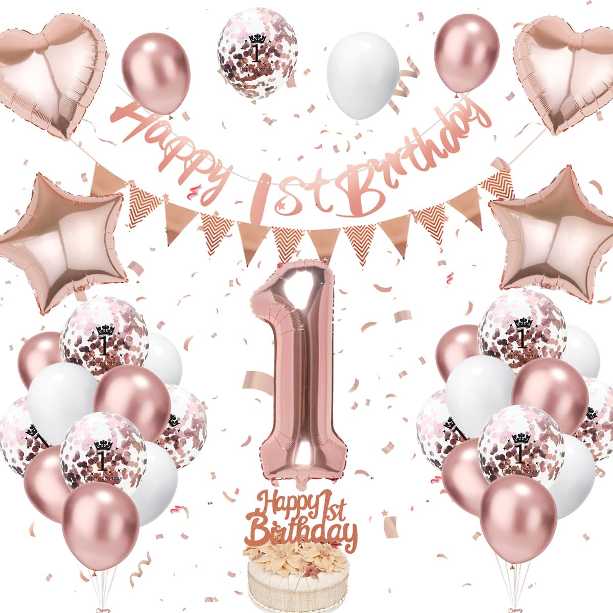 Decoracion Cumpleaños 1 Años Oro rosa, Globos 1 Cumpleaños Oro rosa, Globos de Aluminio, pancartas de cumpleaños, Globos de Cumpleaños 1 Años para Niña Bebé Cumpleaños Fiesta Decoracion