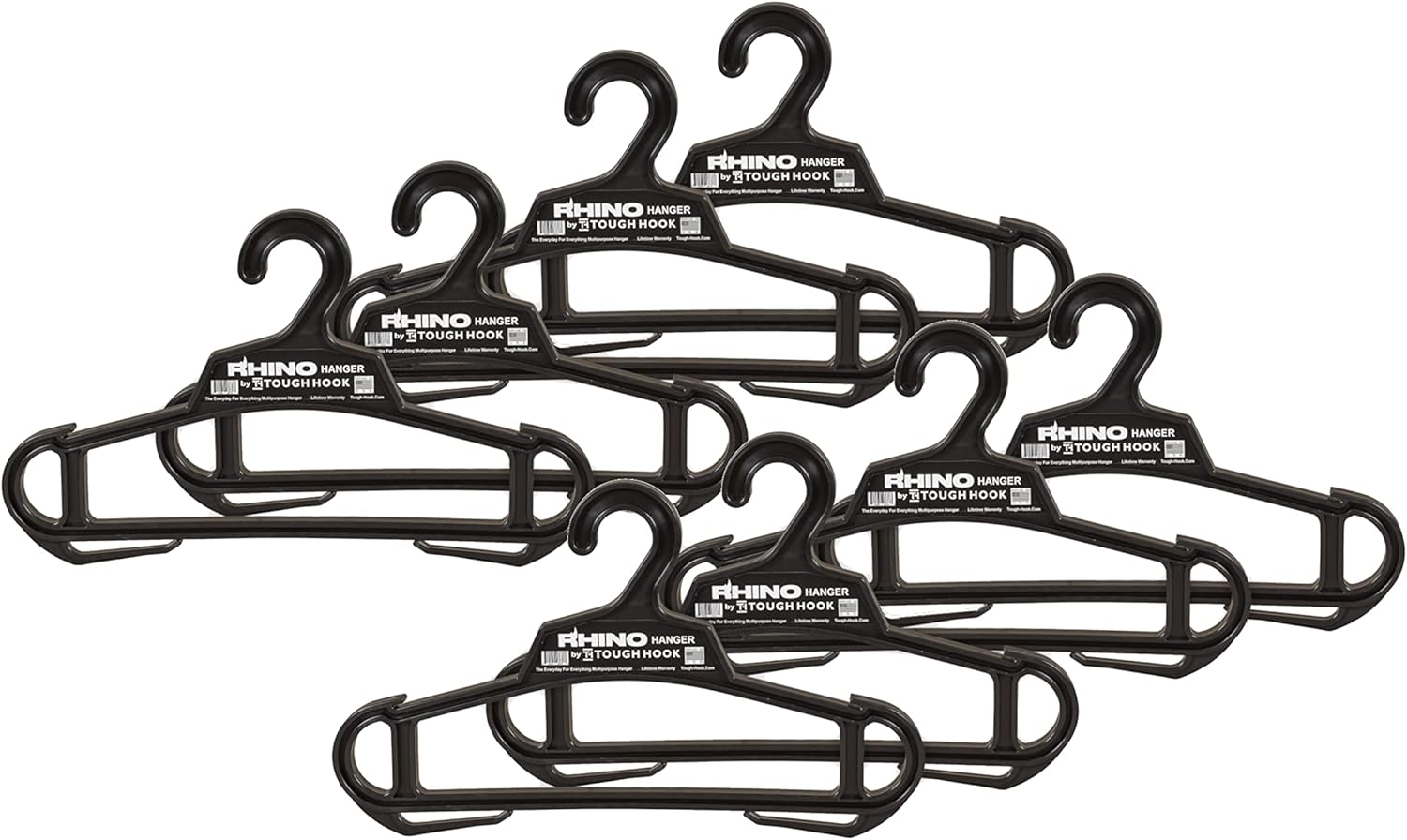 Rhino Tough Hook Heavy Duty Clothes Hangers, Military Grade Coat Hanger for Body Armor & Jacket, 200-lb Capacity Suit Hangers for Heavy Apparel, USA Made, Black 8-Pack