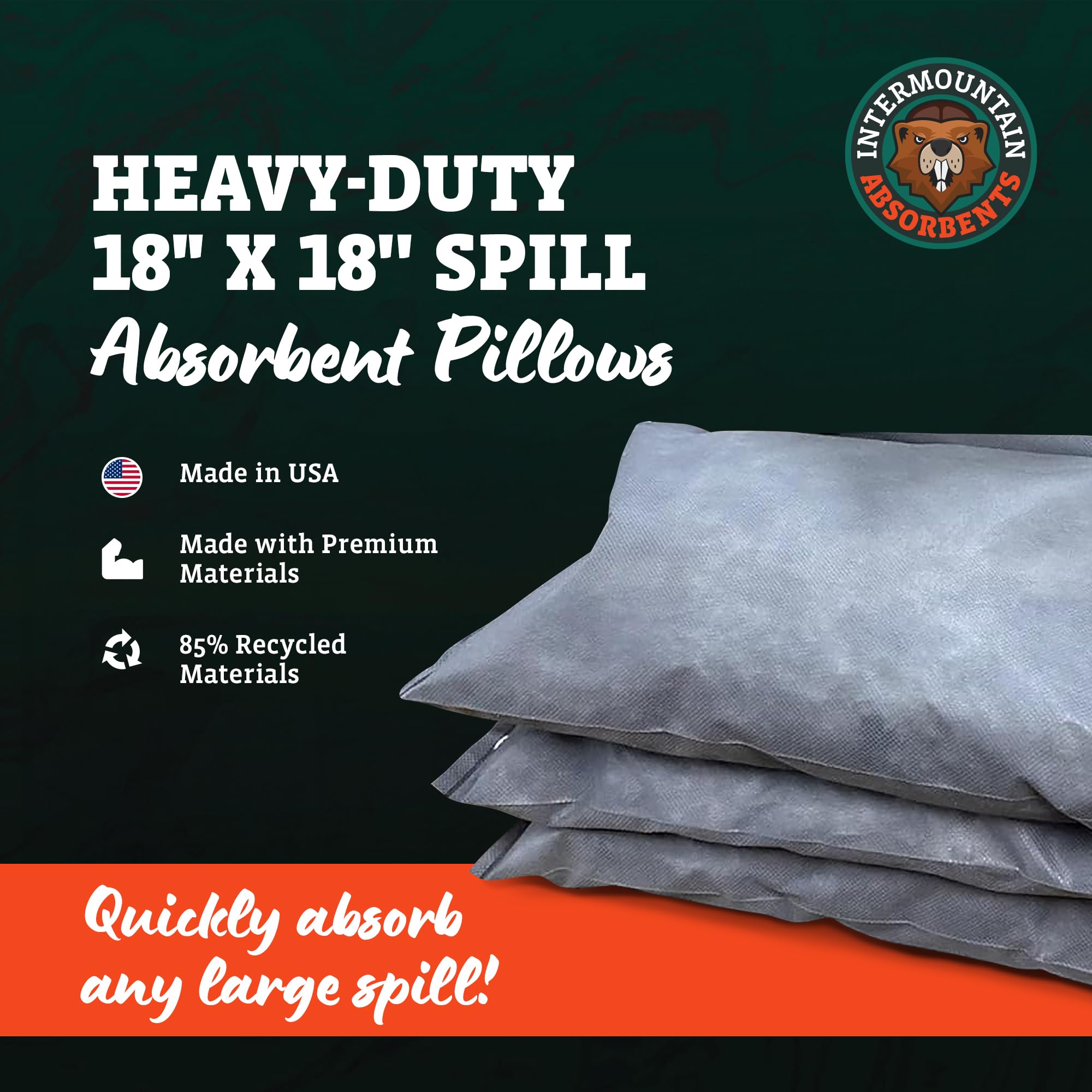 Intermountain Absorbents Universal Spill Absorbent Pillows - Universal Absorbent for Water and Oil, Absorbs Water, Oil Liquids, Spill Absorbent Made with Recycled Content, 18