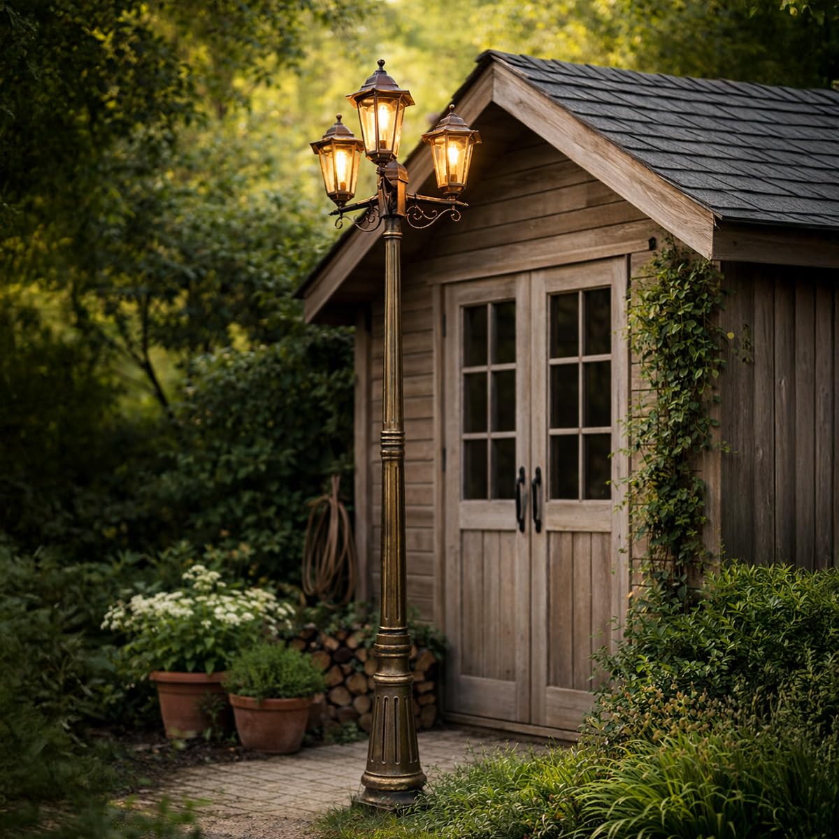 Qazqa classic-antique außen Laterne für den Garten - New Haven - Gold, max. 15W, Geeignet für LED, 216.5cm, IP44, 3-flammig