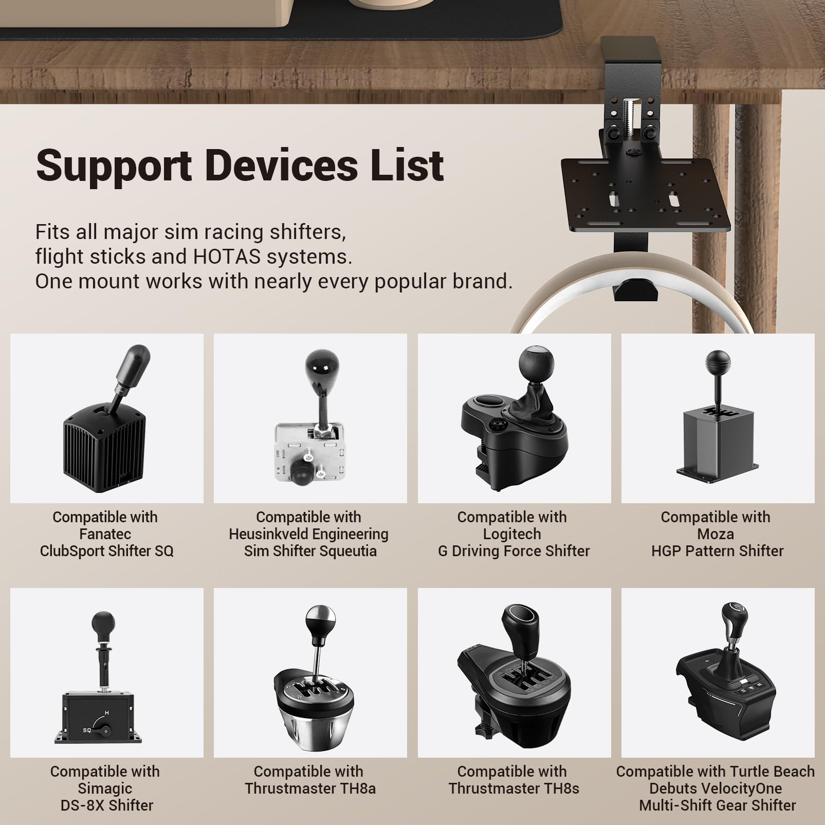 Soporte de Palanca de Cambios para Simulador de Carreras, Abrazadera de Montaje en Escritorio con Portaauriculares Compatible con Logitech,Thrustmaster, Fanatec,Moza,Simagic,Turtle Beach,Heusinkveld