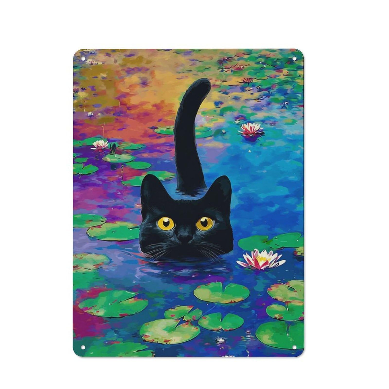 Black Cat in A Pond of Colors Cottage Metal Wall Decor 40x30cm, Shed Metal Sign for Conservatory, Home Bar Or Utility Room