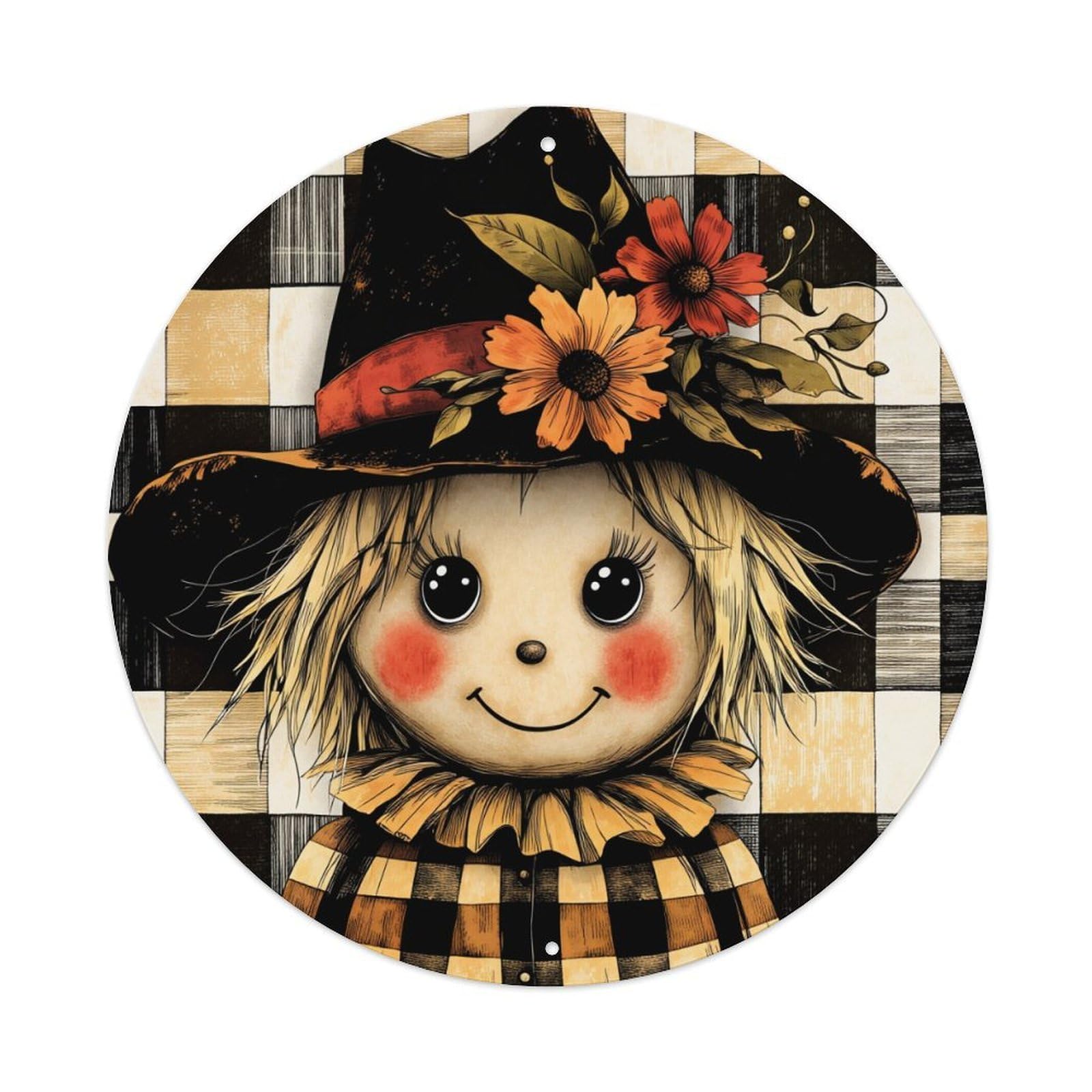 Checkered Hat Flowers Scarecrow Face Round Tin Sign Vintage Metal Poster, Home Bar Garage Man Cave Cafe Indoor & Outdoor Wall Decoration 8x8Inches