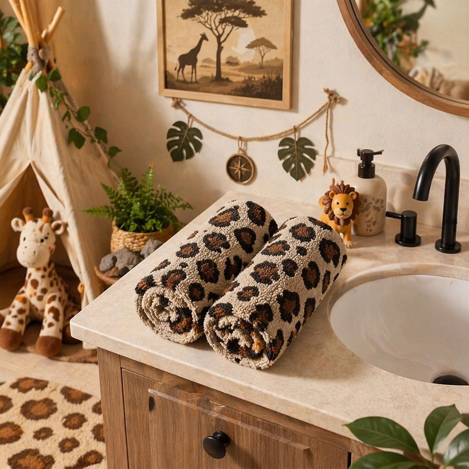 Whaline 2 Pcs Leopard Print Hand Towels Jacquard Cotton Bathroom Towel Brown Safari Animal Decorative Absorbent Bath Towel for Kitchen Dish Drying Cleaning Cooking, 13.8 x 29.5 Inch