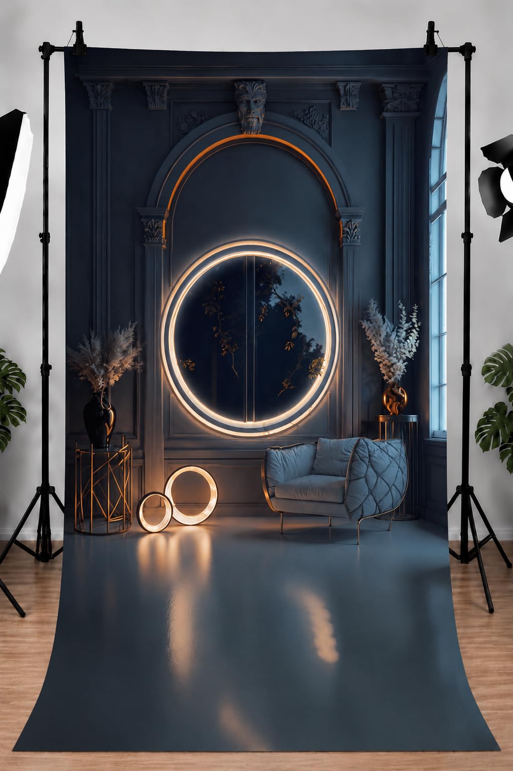 Dark Grey Architectural Wall with Glowing Ring Elegant Studio Background for Fashion Portraits, Music Videos, and High-End Product Photography Backdrop Cloth Size 8Feet Height & 5Feet Width (8 * 5)-picture-17