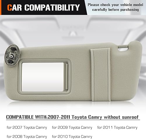 Miniatura 8 de Visera solar derecha del lado del pasajero sin luz para Toyota Camry sin techo corredizo 2007 2008 2009 2010 2011 Beige reemplazo de visera parasol