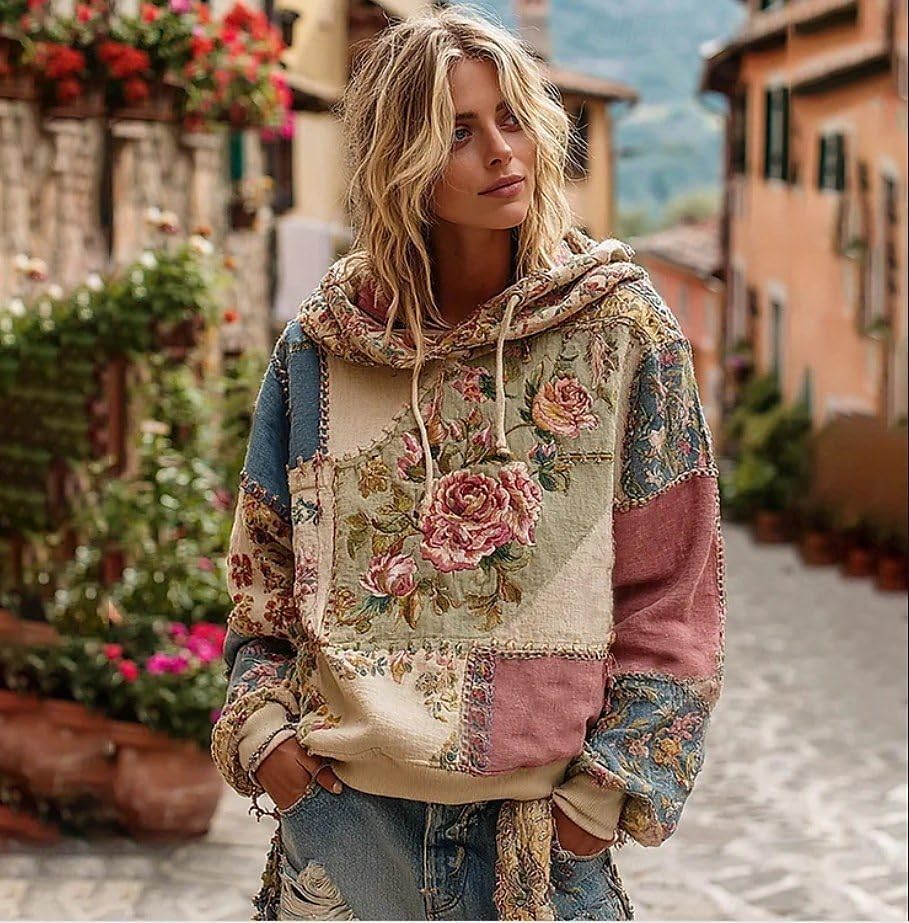 OSCORP women's Boho Floral Hoodie Oversized Patchwork Watercolor Print Casual Hooded Pullover with Pocket for Daily Wear - Image 2