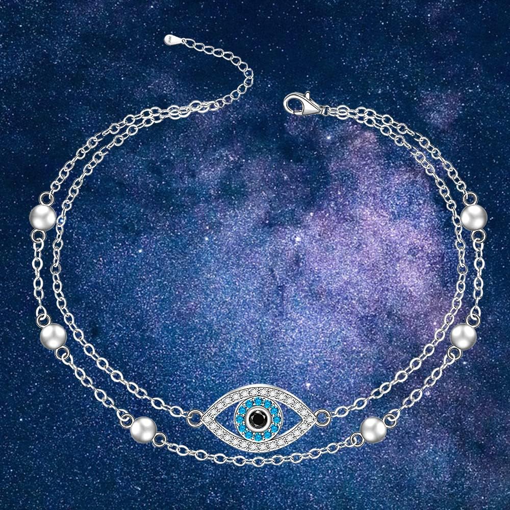 Fenthring Blue Evil Eye Anklet Bracelet Sterling Silver Double Layered Protection Nazr Greek Evil Eye Ankles for Women Turkish Mal De Ojo Summer Boho Beach Mothers Day Gifts
