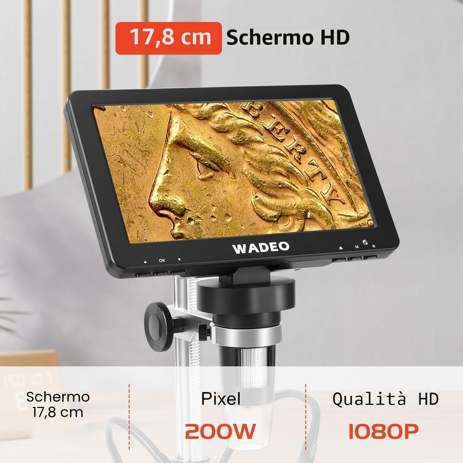 WADEO Microscopio Digitale Professionale, [7" Schermo LED] [1200X] Microscopio per Saldatura con 2 Lampade Regolabili, Scheda 32GB, Uscita HDMI per TV, PC, Windows, Mac (7" - 1200X - HDMI + USB)