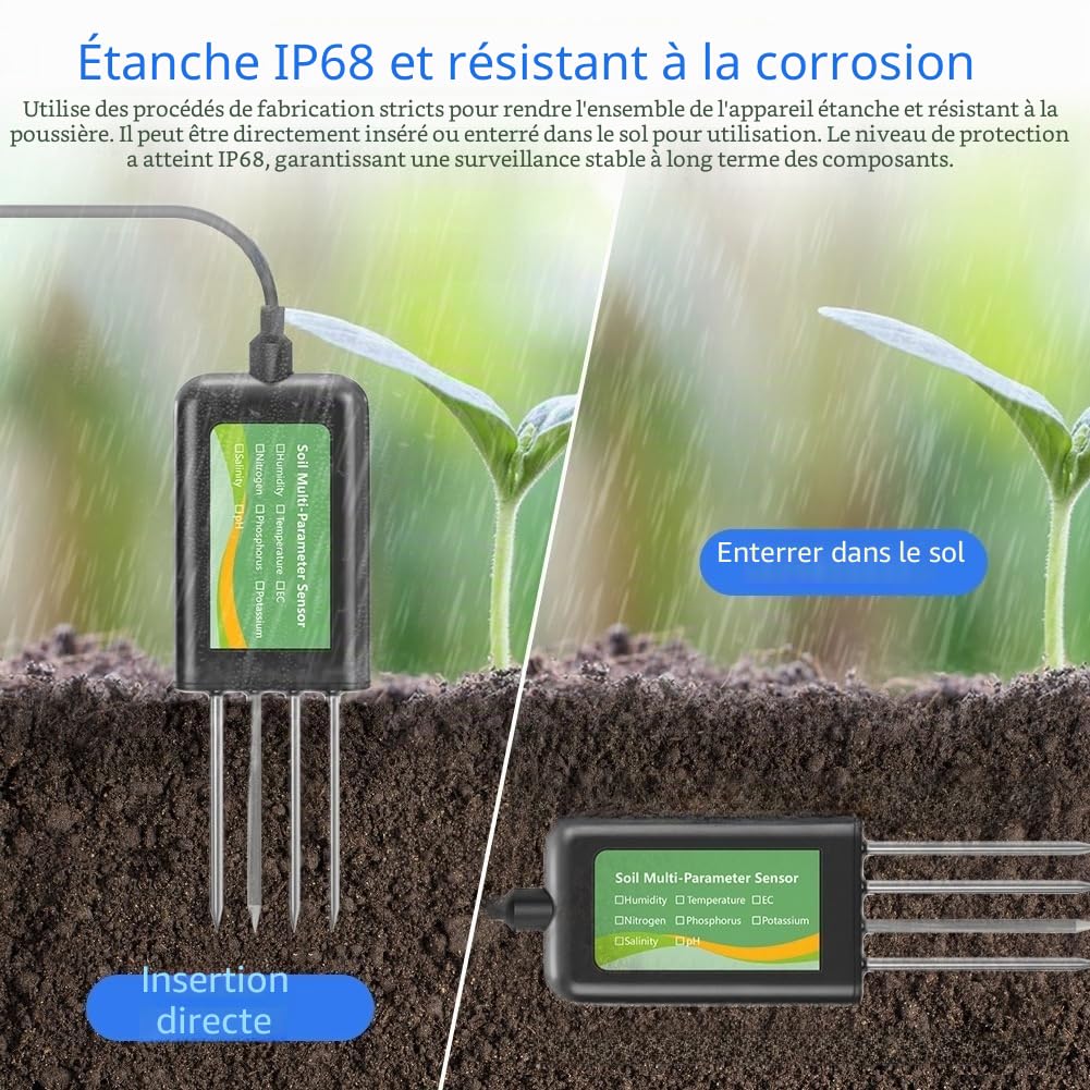 Analyseur de sol USB de mesure NPK, pH, humidité, température, salinité et conductivité, sonde en acier inoxydable IP68, surveillance des données pour application mobile