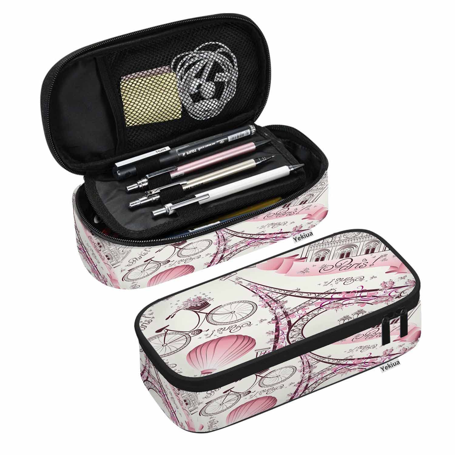 Yekiua Paris Symbols Eiffel Tower Pen Bag Balloon Bike Romantic Travel Vintage Large Pencil Case Big Capacity For Teen Boys Girls School Students Pencil Pouch Pencil Holder โ image 1