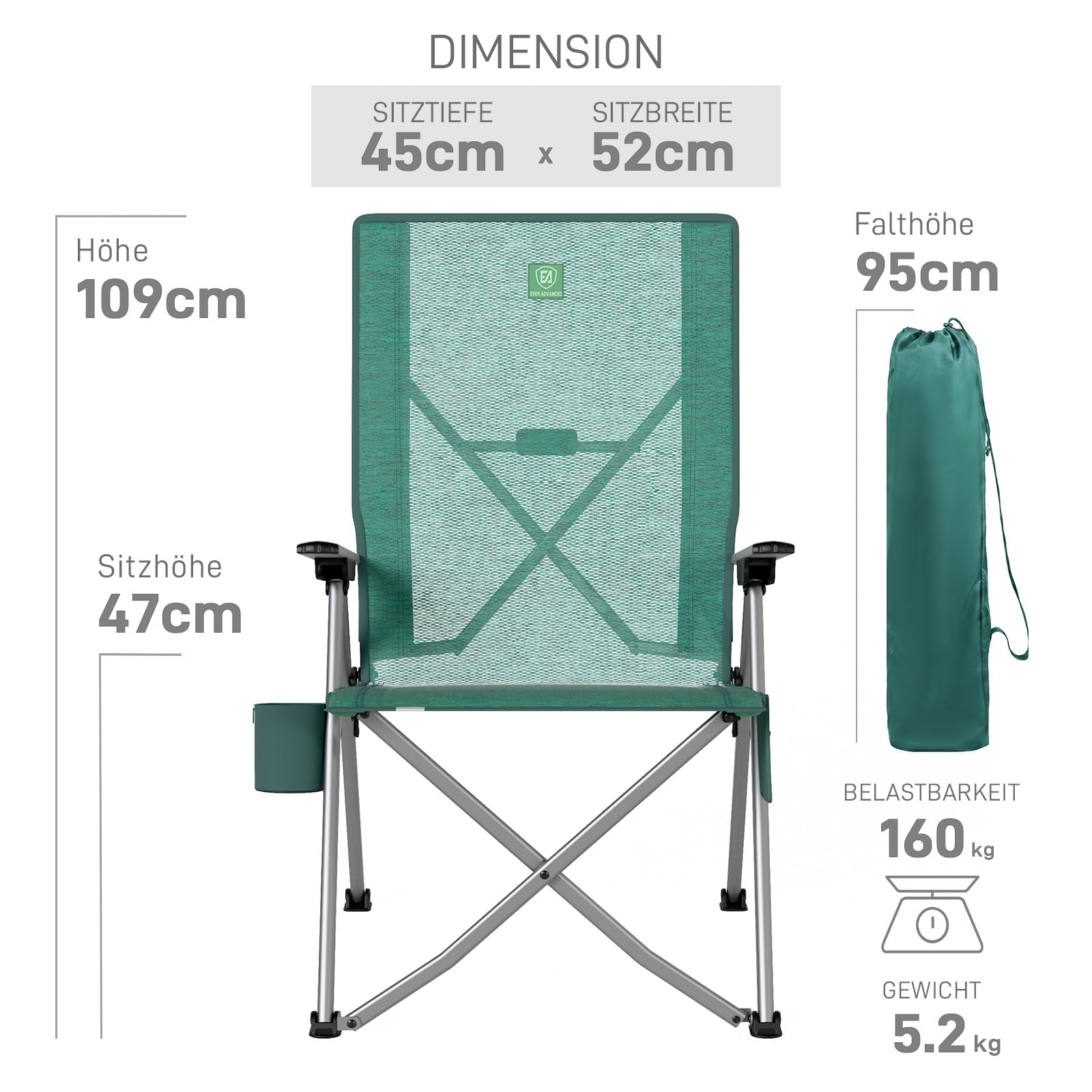 EVER ADVANCED Campingstuhl Faltbar Rückenverstellbar in 4 Positionen Klappstuhl Hohe Lehne bis 160KG, Gartenstuhl aus Netzgewebe mit Seitentasche Getränkhalter, Anglerstuhl für Camping Garten Balkon
