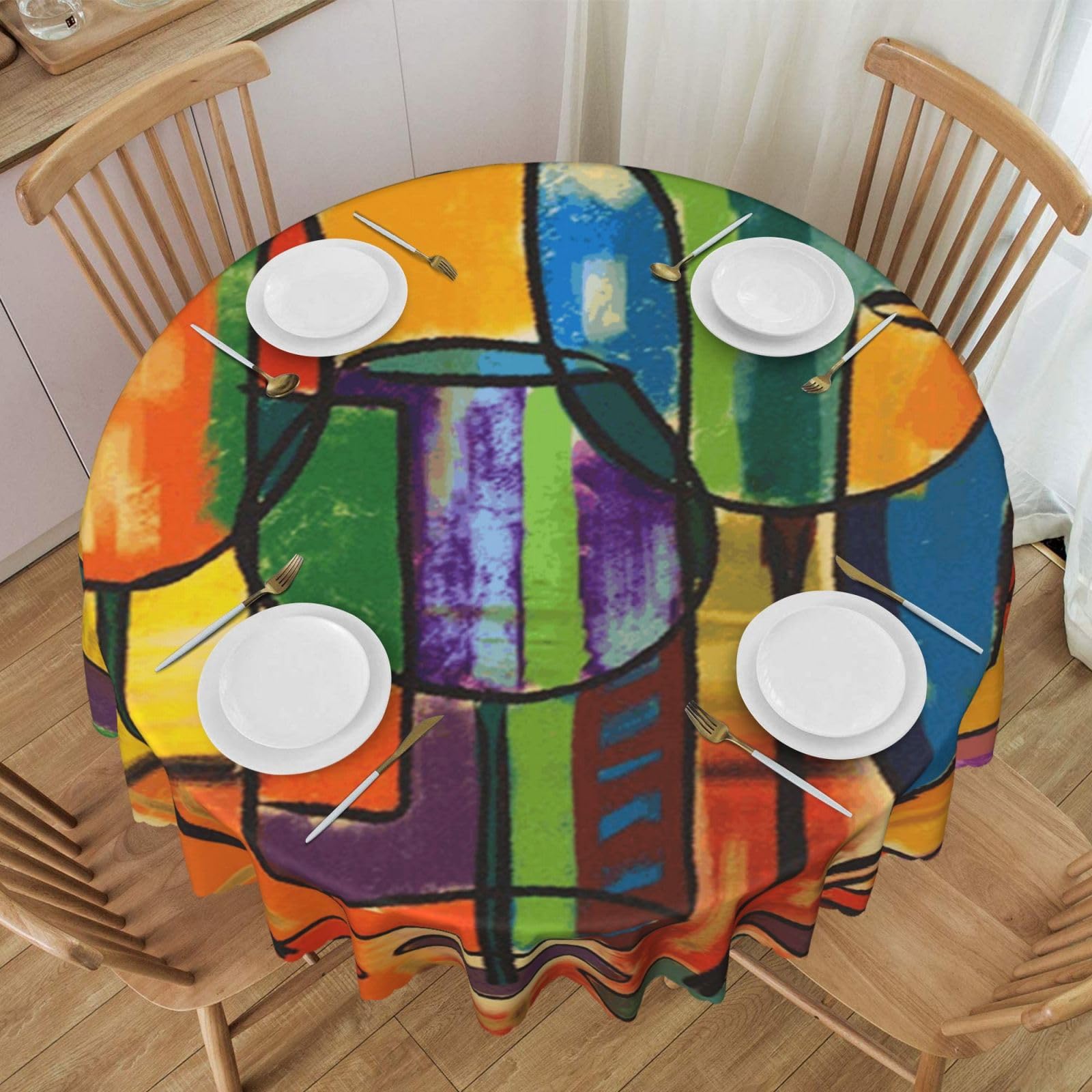 DCEHGEW 60 In Round Tablecloth with Lace, Wine Bottle Art Printed Oilproof & Washable Fabric Picnic Table Cloth Table Covers