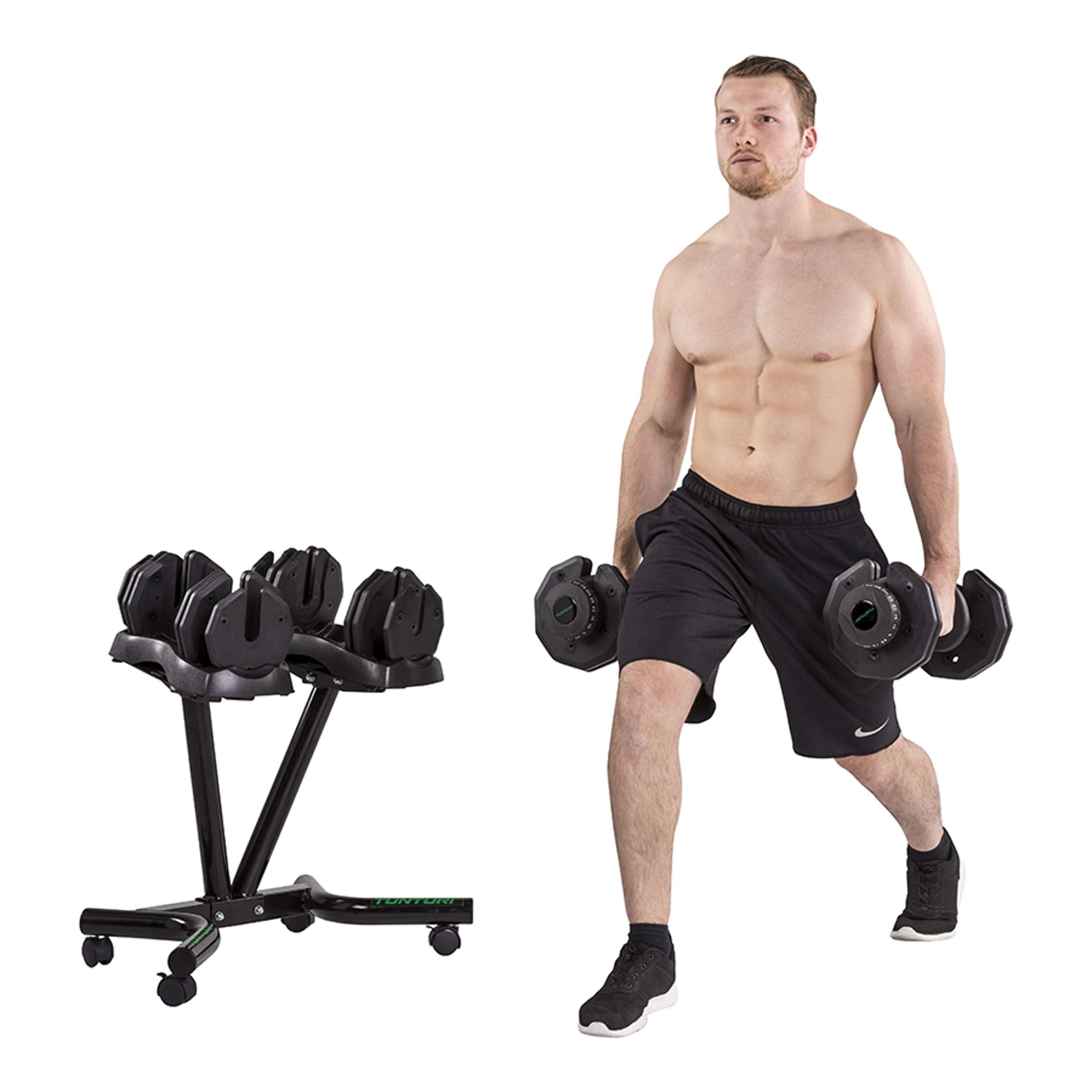 Tunturi Dumbbell Sets Soporte Mancuernas Ajustables, Unisex Adulto, Black, 1 | Dimensiones 70,5 x 52 x 62,2 cm, Peso 12 kg, 4 Ruedas De Transporte, 2 Compartimentos