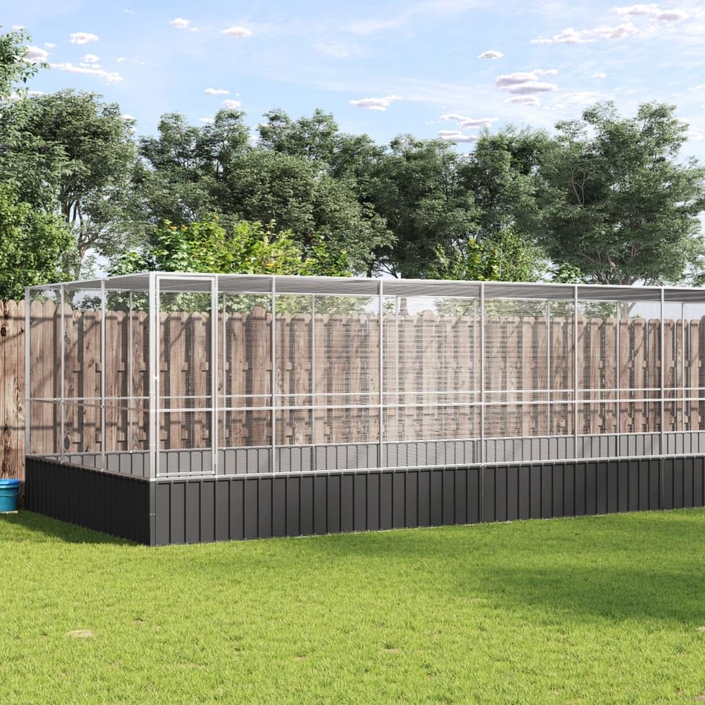 Pajarera con ampliación en plata, 1139 x 307 x 212 cm, acero galvanizado, resistente, para interior y exterior, incluye soporte, perchas, cuenco, parque infantil, ruedas, techo, cajón