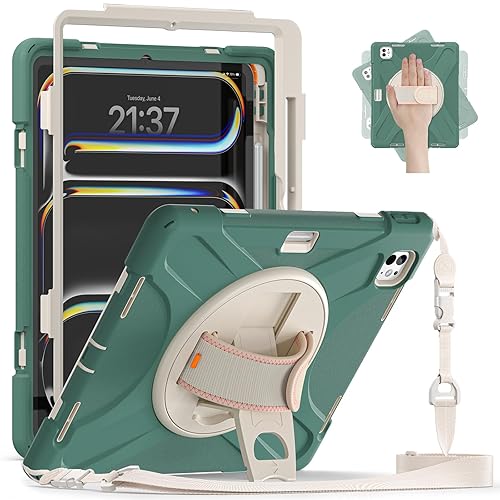 Batianda Case for iPad Pro 13-inch (2024) M4 Chip Model A2925 Heavy Duty Rugged Durability Silicone Tablet Cover with 360° Rotating Hand Strap Foldable Hidden Stand & Shoulder Strap, Sea Green - 13" iPad Pro (2024) - Sea Green