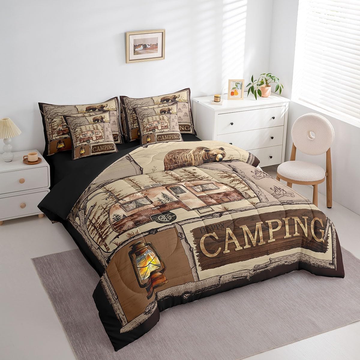 Erosebridal Camping 7 Piece Bedding Set Twin Size Traveling RV Bed in a Bag Vintage Patchwork Bed Set Includes Comforter, Sheet Set, Pillowcases & Pillow Covers All Season Bedroom Decor