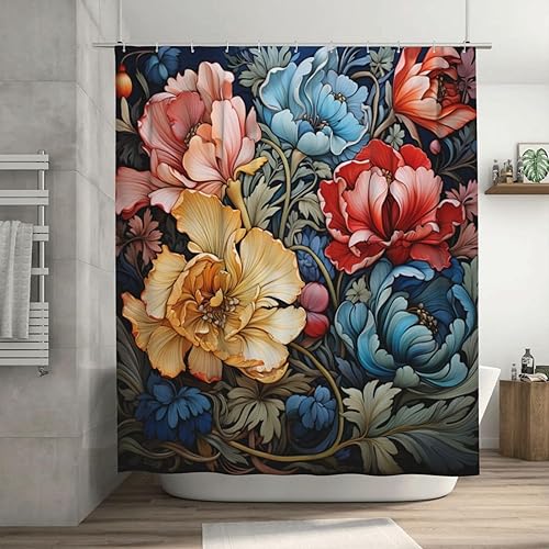 YLADW3702 - Cortina de ducha con flores rojas, amarillas y azules, juego de cortina de ducha vintage con textura floral y bohemio, hojas verdes,