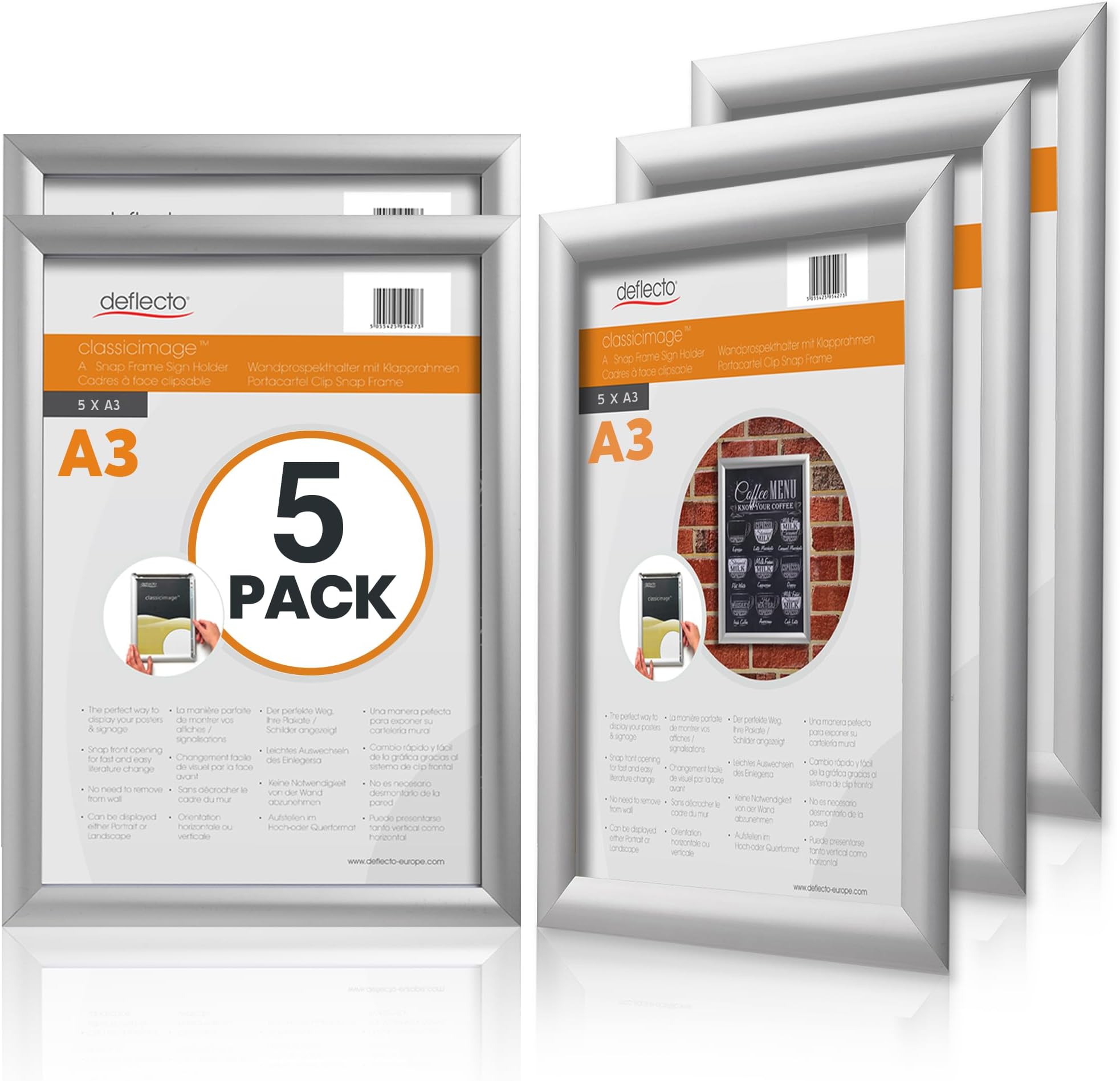 Deflecto Pk 5 x A3 Snap Frame Silver - Aluminium Clip Frames - Wall Mount Picture Frames - Posters Display Holder - Front Opening Picture Frame Clips