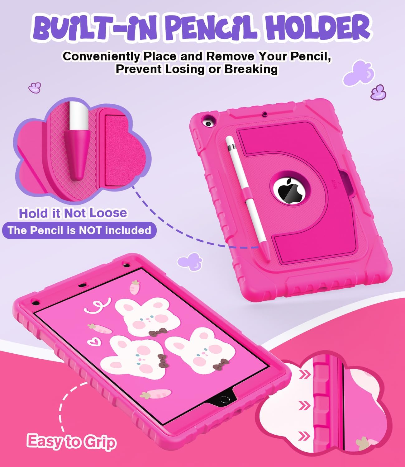 OKP Case for iPad 9th/ 8th/ 7th Generation 10.2 Inch (2021/2020/2019), Shockproof Rugged Heavy Duty i Pad 9 8 7 th Gen Protective 10.2'' Cover with Pencil Holder/Kickstand, Hot Pink
