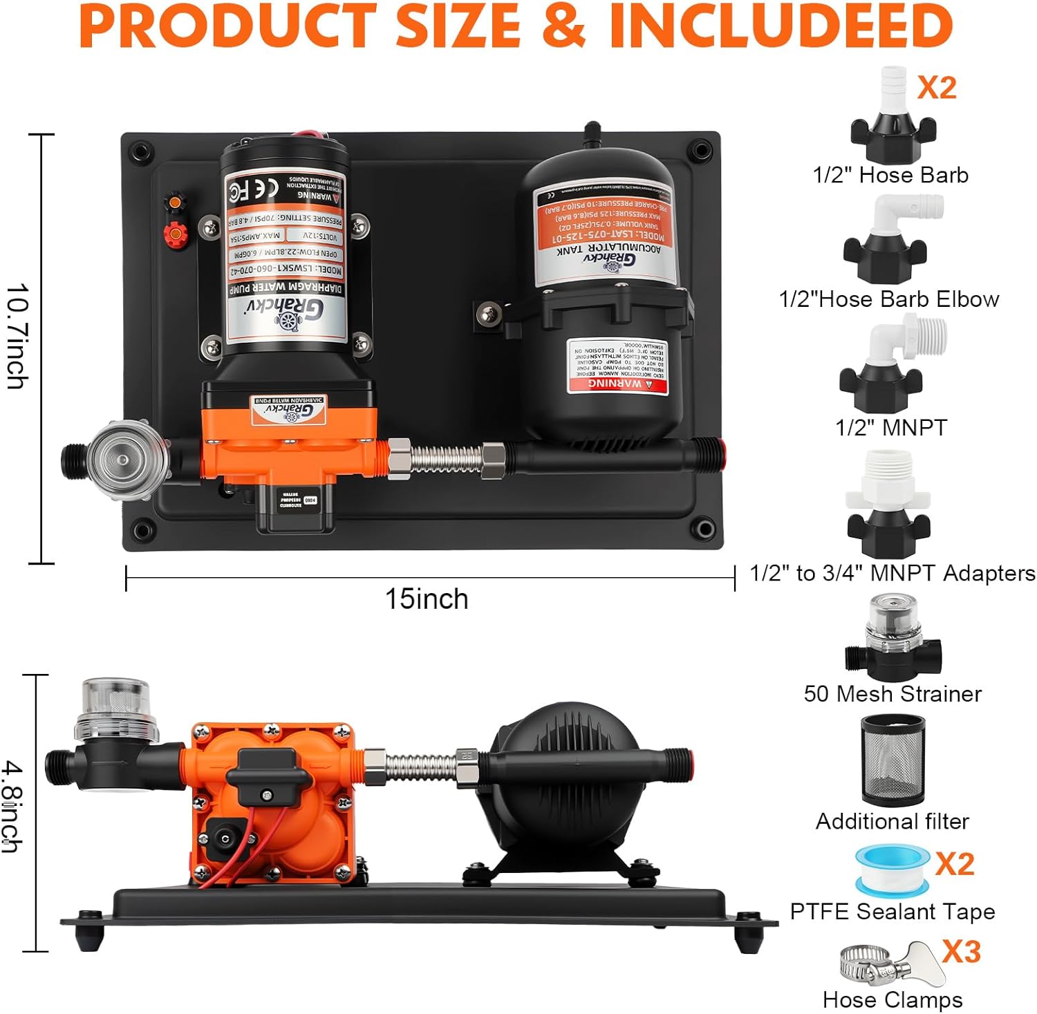RV Water Pump 6 GPM 70 PSI 12V DC with 0.2 Gallon 125PSI Pre-Pressurized Accumulator Tank, Quiet RV Water Pump and Accumulator Tank for Stable Water Supply System, for RV Camping, Yacht, Boat