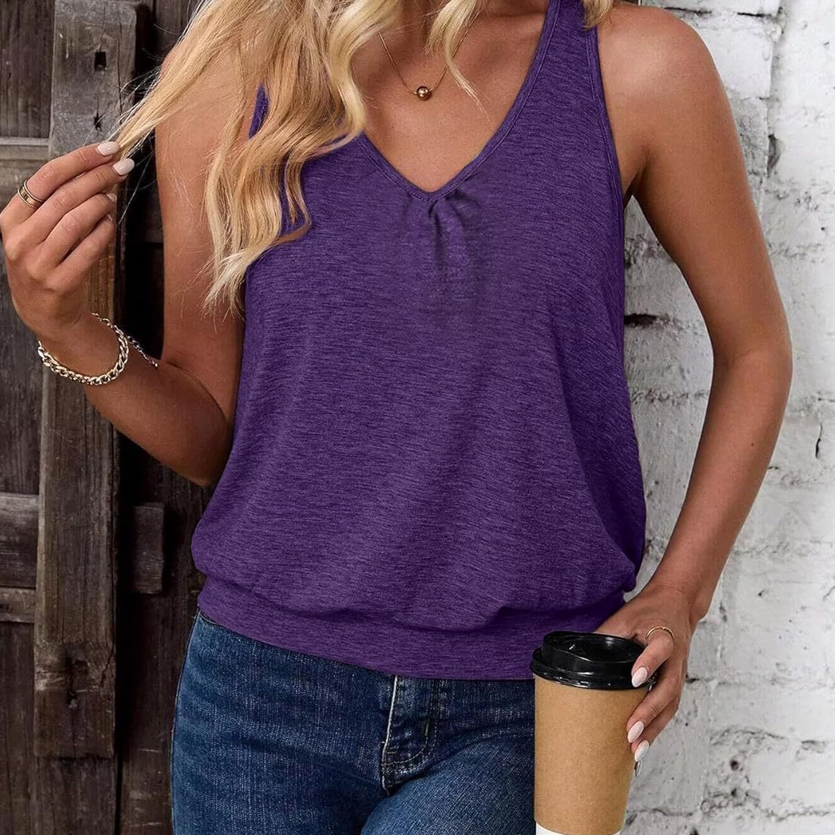 Womens Sleeveless V-Neck Tank Tops Workout Loose Fit Tops for Women Athletic Banded Bottom Tank Casual Shirts - Image 5