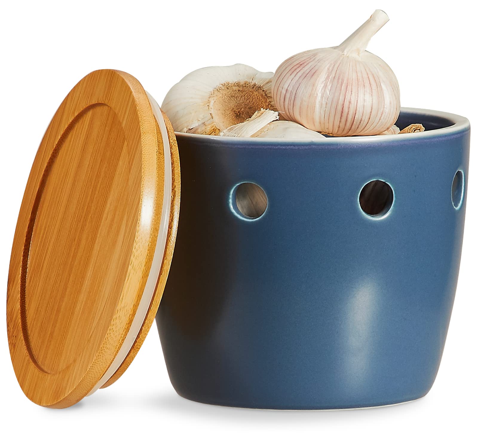 ONEMORE Garlic Keeper with Lid, Ceramic Garlic Saver 5 inch, Garlic Keeper for Counter, Blue