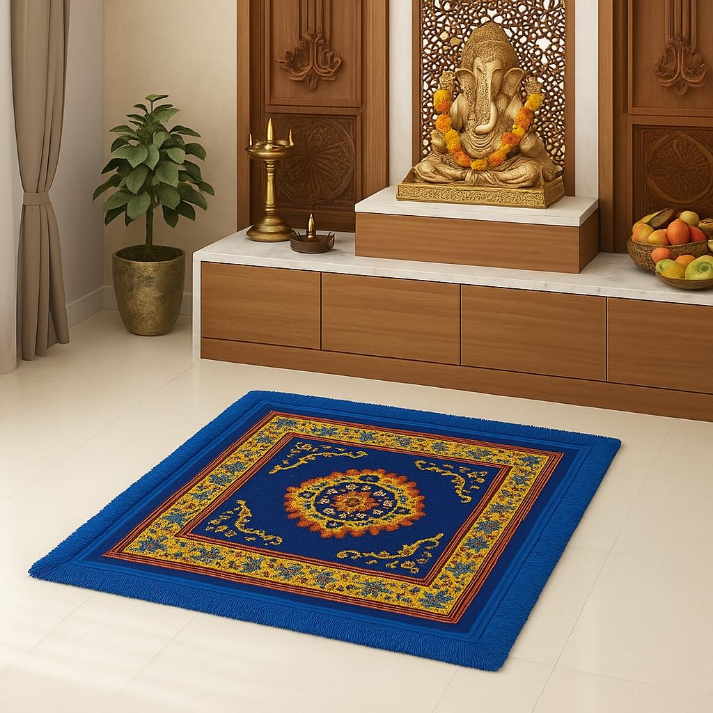 BLESS BERRIES Velvet Pooja Mat 24x24 Inch | Printed Square Prayer Mat for Home Mandir | Soft & Durable Aasan for Puja Traditional Floor Mat for Temple Use | (Blue, Pack of 1)-image-5