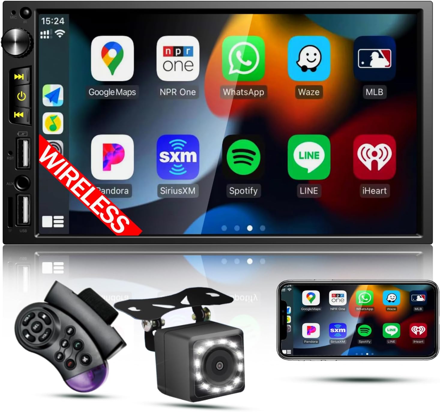 Wireless Apple CarPlay&Android Auto,7 Inch Double Din Car Stereo with Bluetooth,1080 * 600 Car Radio with HD Touchscreen,Car Audio with Backup Camera,Mirror Link,FM/USB/AUX/TF/Subwoofer