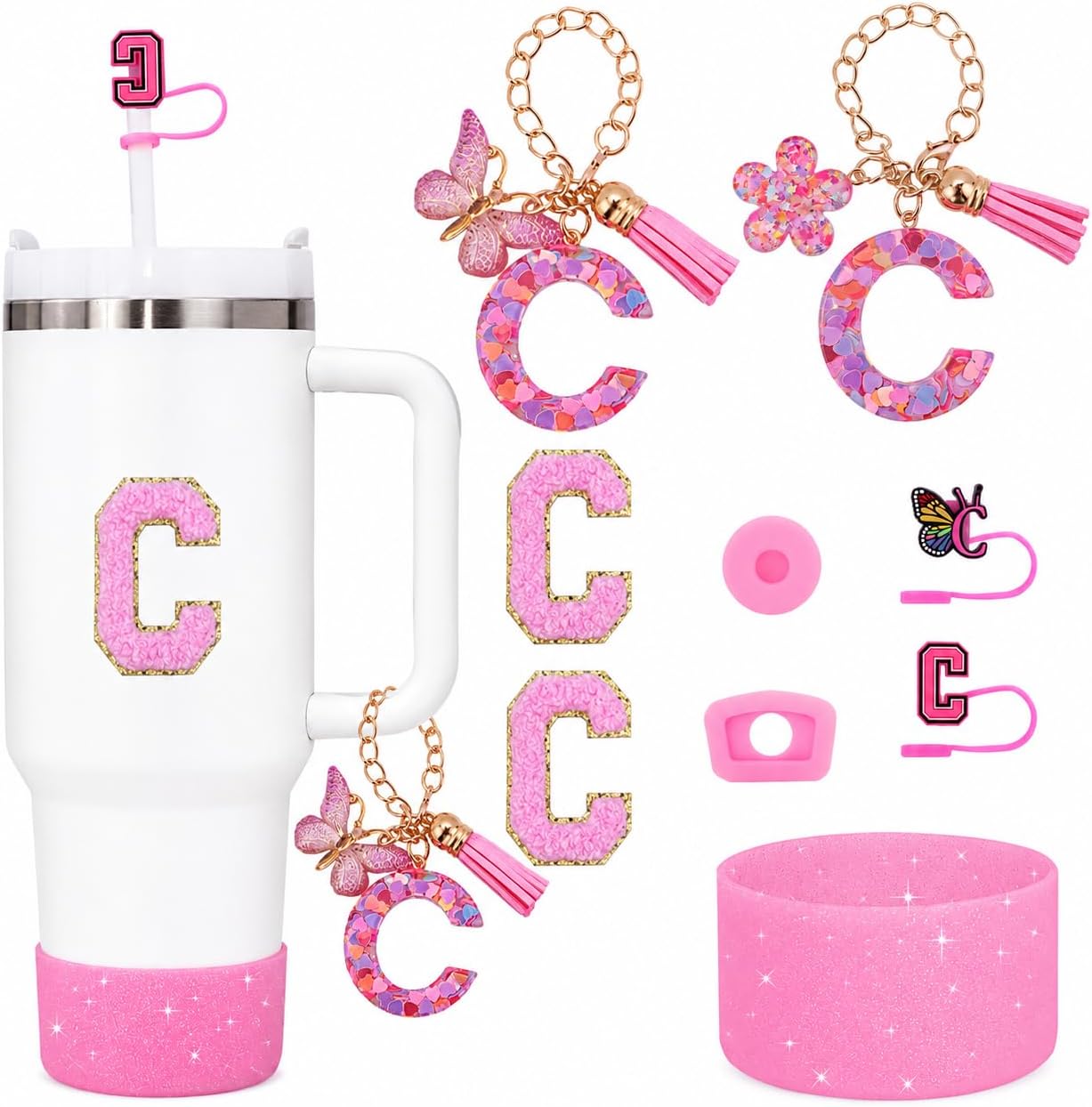 9Pcs Bow Pink Stanley Cup Accessories Set Compatible with 30oz & 40oz Cups,Includes Straw Cover,Boot,Spill-Proof Stopper,2Pcs Handle Charm &2Pcs Initials Decorations Stickers(Pink C)