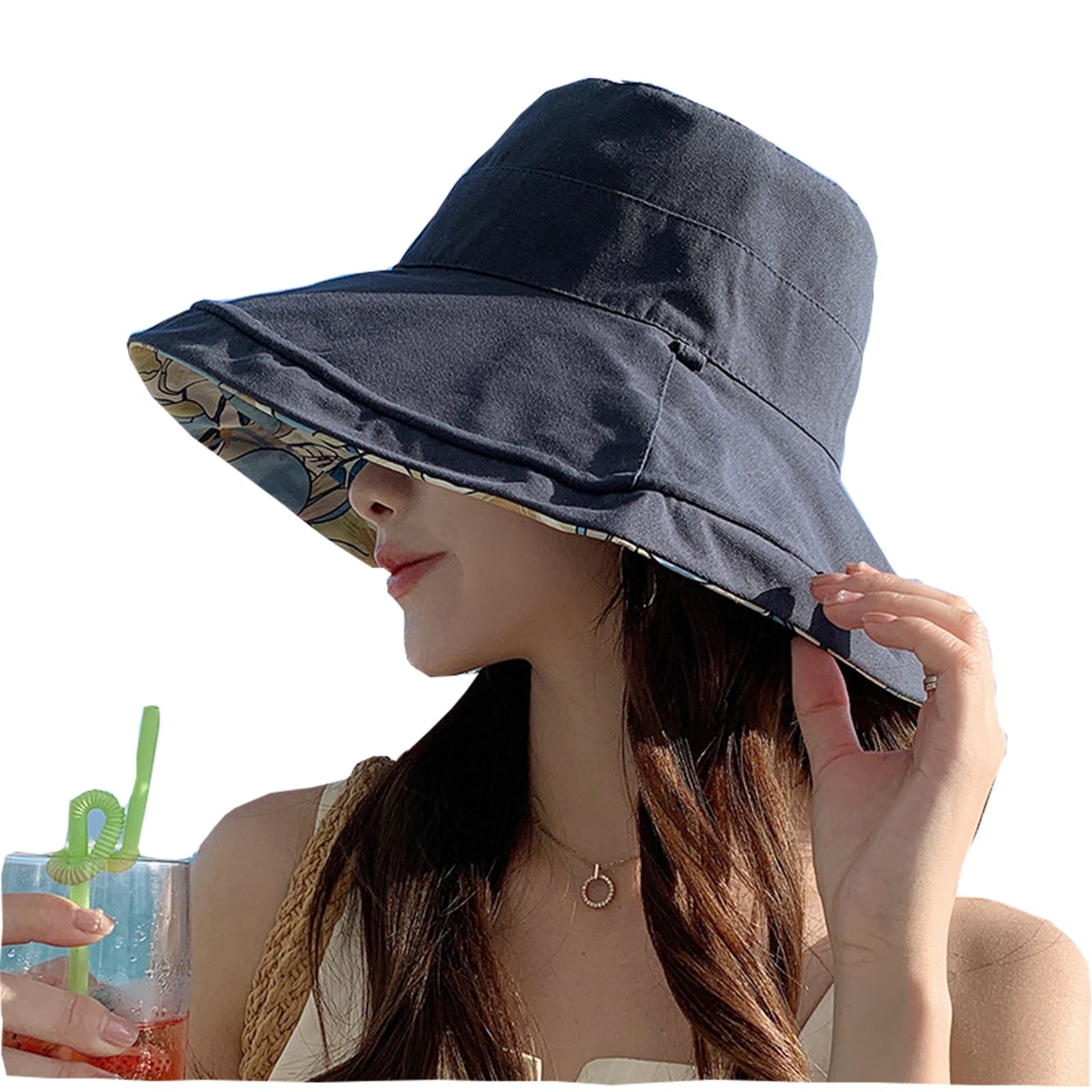 Wiosna Lato Odwracalny Nadruk Słońce Kapelusz Plażowy Letni Kapelusz Przeciwsłoneczny Kobiety Letni Kapelusz Bucket Big Beach Cap (IT, Tekst, Jeden Rozmiar, Ciemnoniebieski), granatowy, rozmiar
