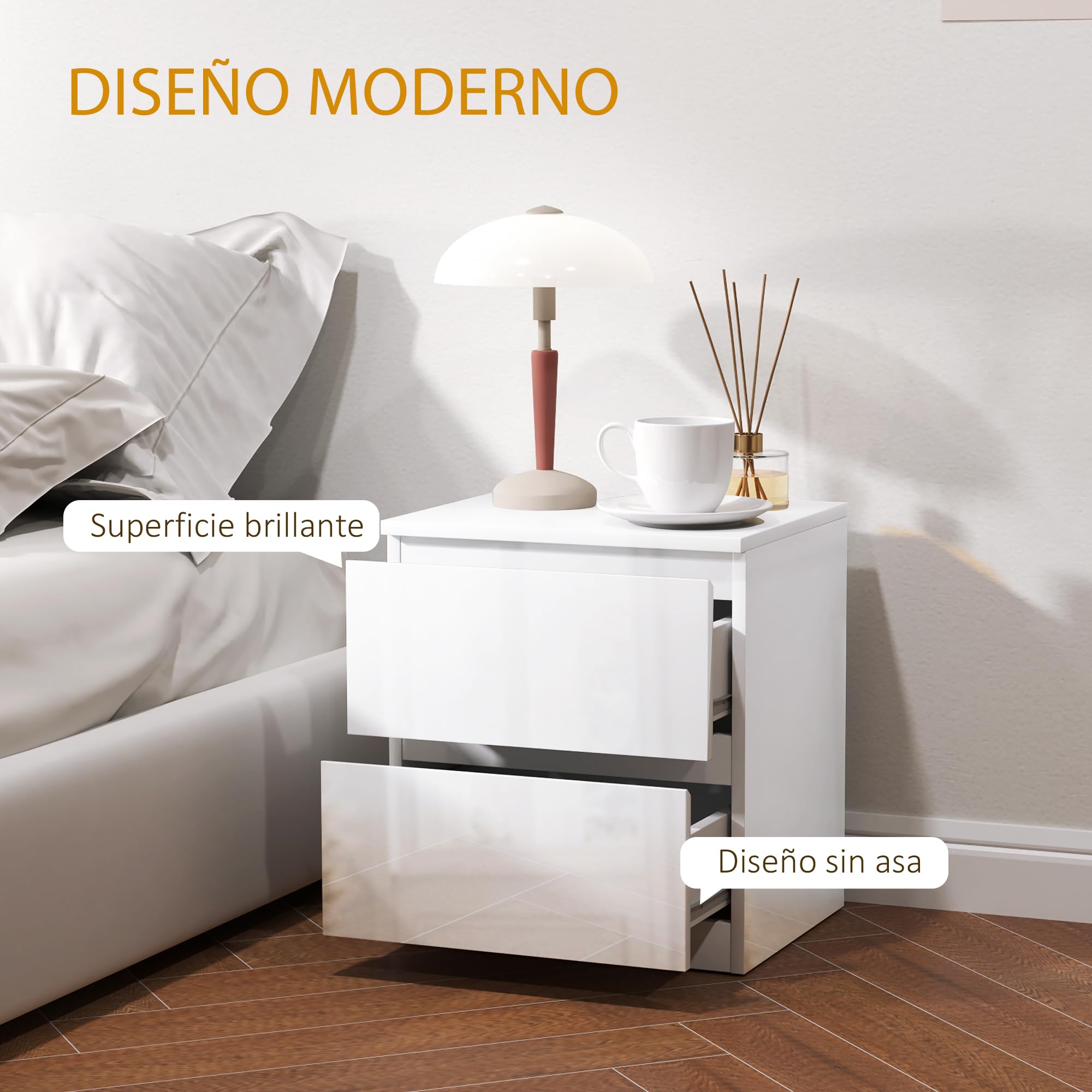 HOMCOM Mesita de Noche Moderna Mesilla de Noche con 2 Cajones Mesa de Noche Mesa Auxiliar para Dormitorio Salón 40x34x45 cm Blanco Brillo