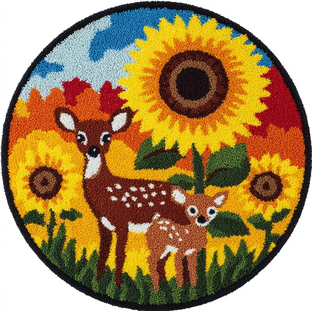 kitphoenix Round Latch Hook Rug Kit,Sunflower and Deer